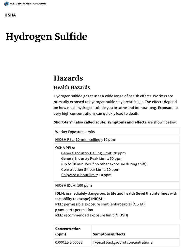 Hydrogen Sulfide Health & Safety Guide | PDF | Occupational Safety And ...