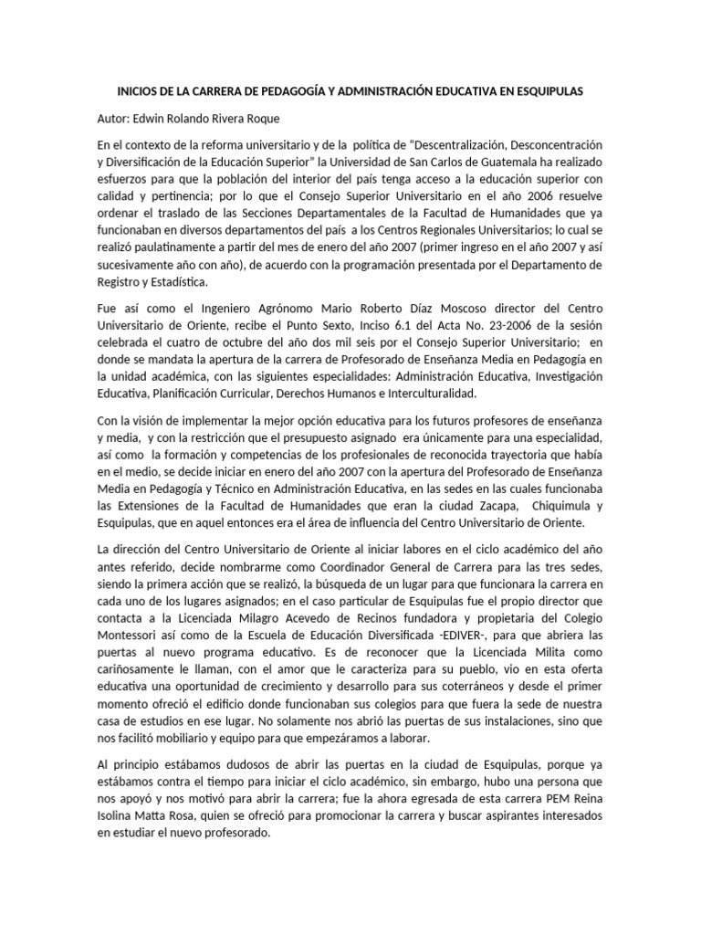 Apertura de La Carrera de Pedagogía en Esquipulas | PDF | Aprendizaje
