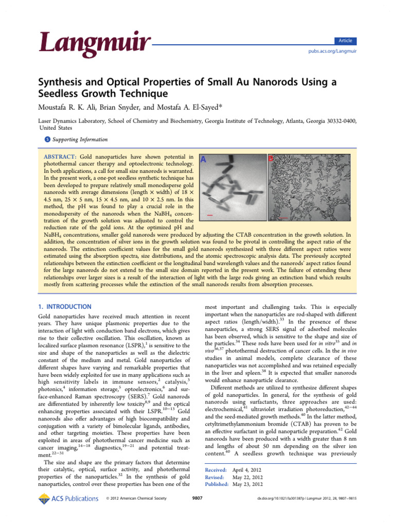 Synthesis and Optical Properties of Small Au Nanorods | PDF | Surface ...