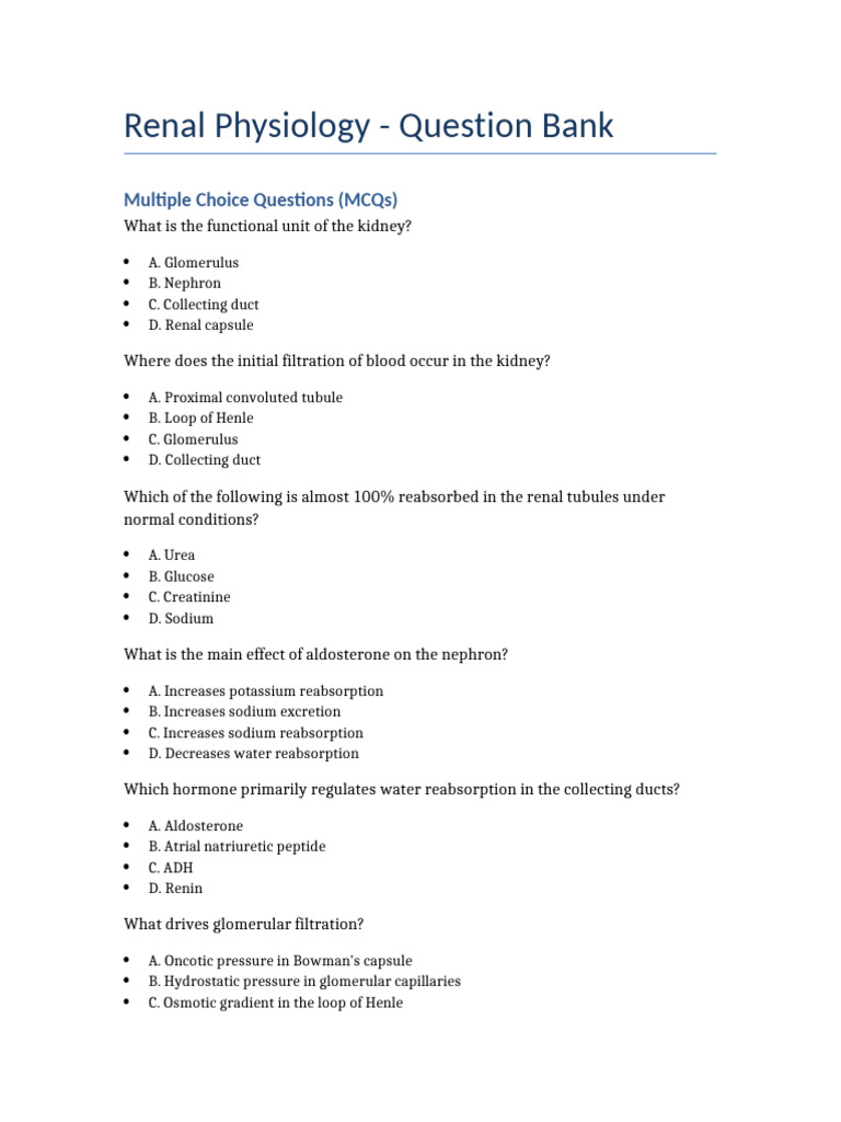 Renal Physiology MCQ Question Bank | PDF | Kidney | Urinary System