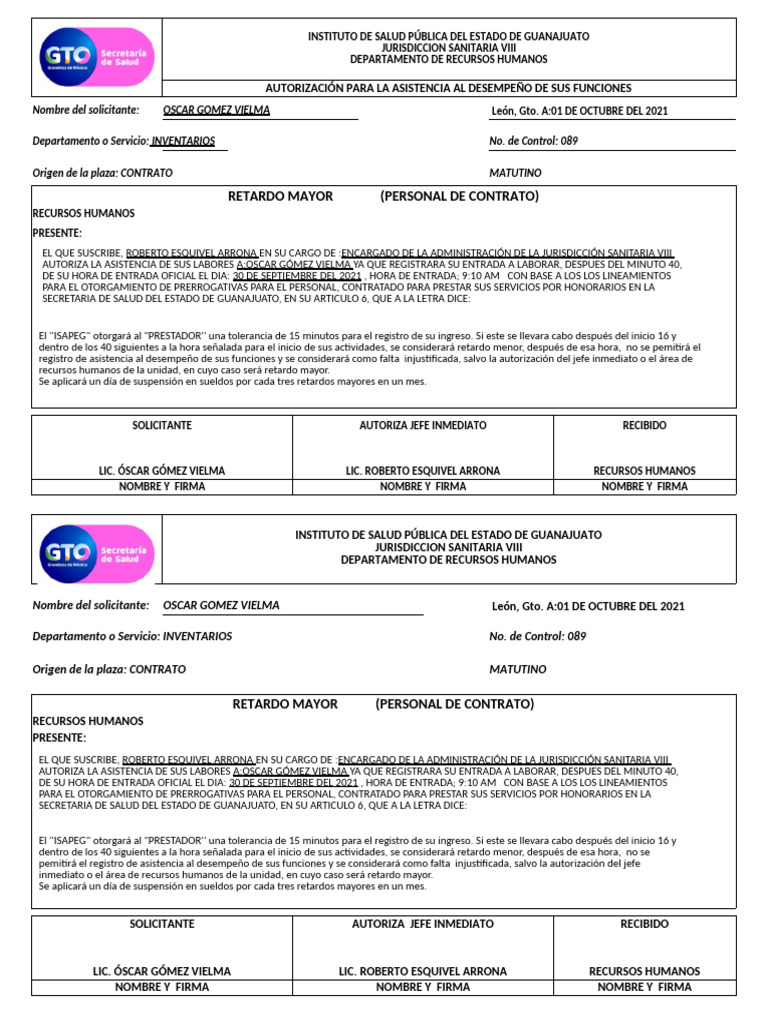 Autorización de Retardo Mayor en Salud | PDF | Gestión de recursos humanos