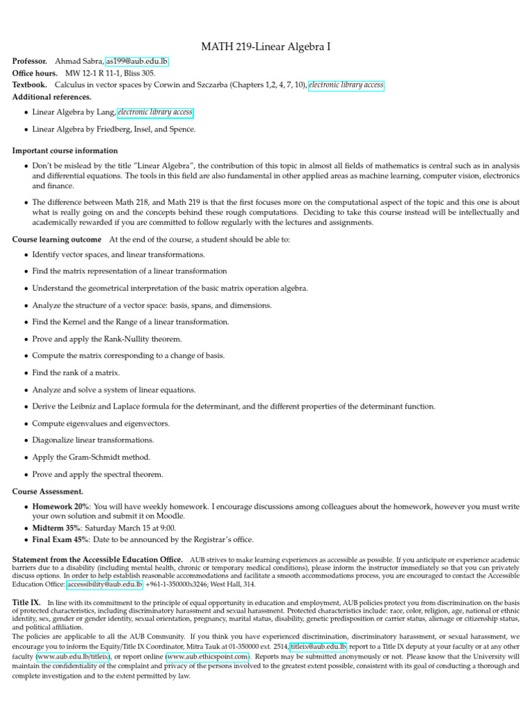 MATH 219 Linear Algebra Syllabus | PDF | Linear Algebra | Linear Map