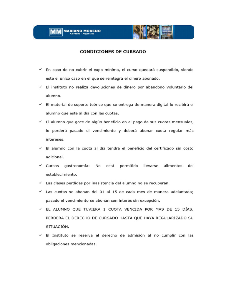 Condiciones de Cursado y Pagos del Curso | PDF