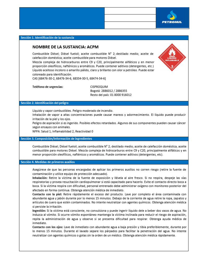 Ficha Técnica de Seguridad del ACPM | PDF | Agua | Combustible diesel