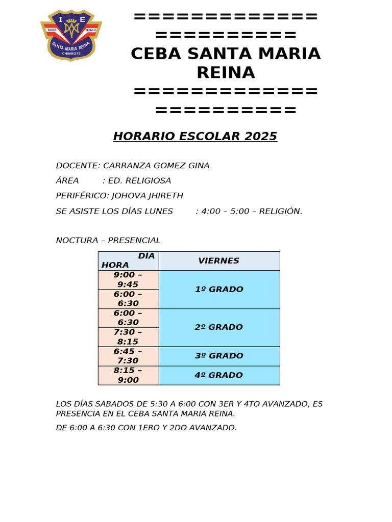 Horario de Clases CEBA 2025 | PDF