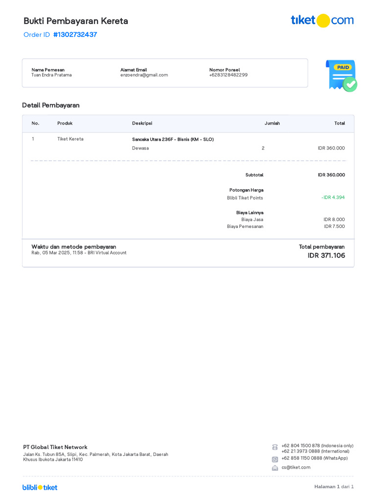E Receipt Train ID 1302732437 | PDF