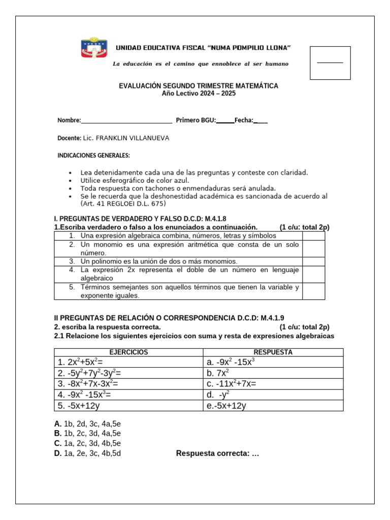 Evaluación Segundo Parcial Primero 2024 2025 Pdf Aritmética