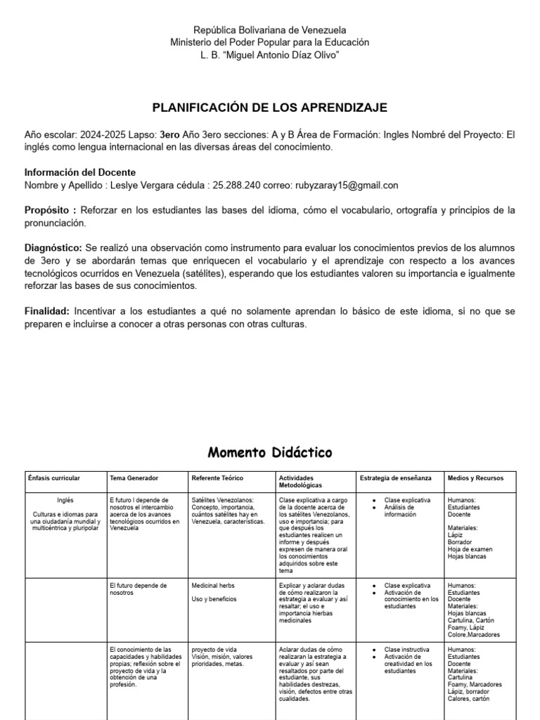 Planificación de Aprendizaje en Inglés | PDF | Maestros | Venezuela