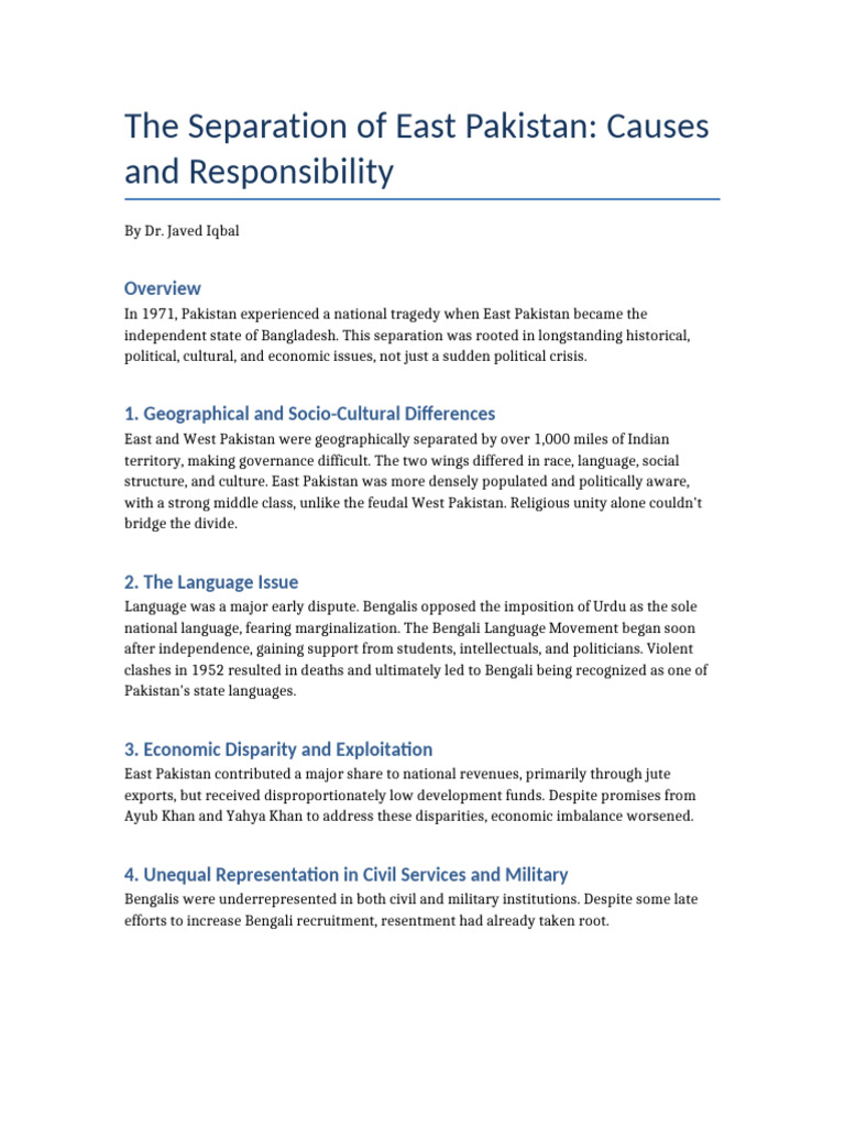 Causes of East Pakistan's Separation | PDF | Pakistan | Politics Of ...