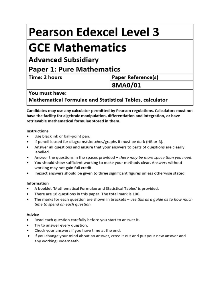 Edexcel Level 3 GCE Maths Paper 1 Guide | PDF | Factorization | Mathematics