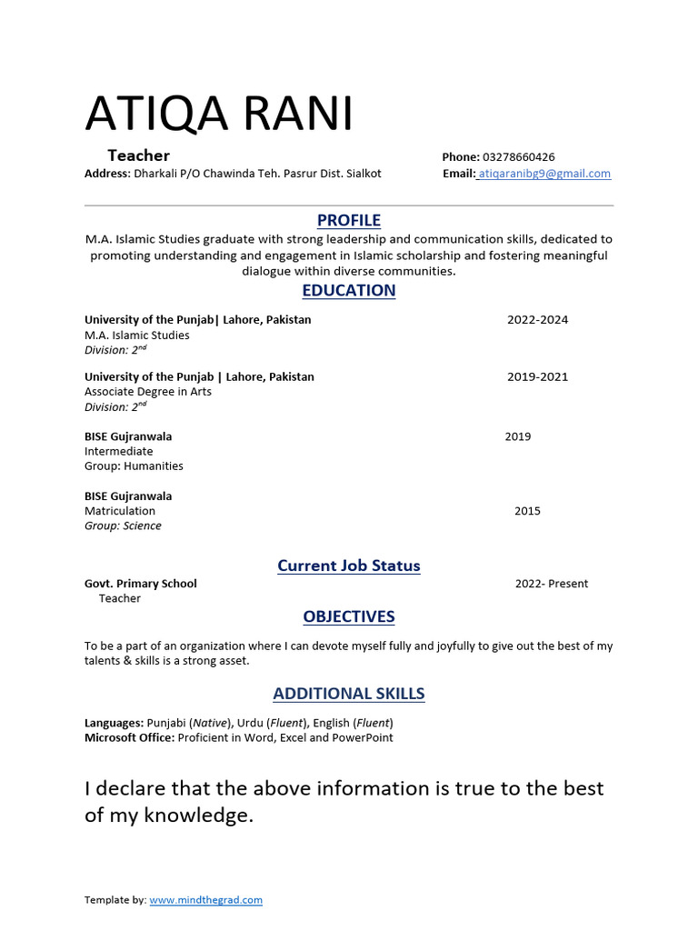 Profile of Rani Atiqa, Teacher | PDF
