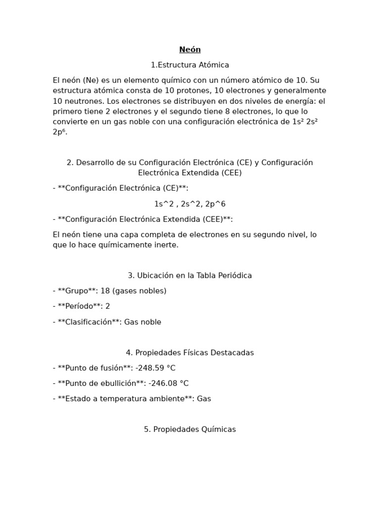 Estructura y propiedades del neón | PDF