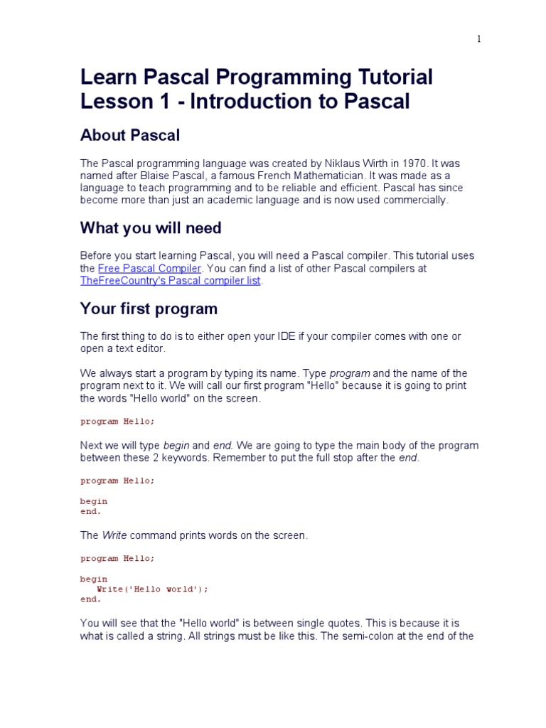 Learn Pascal Programming Tutorial Lesson 1 - Introduction To Pascal ...