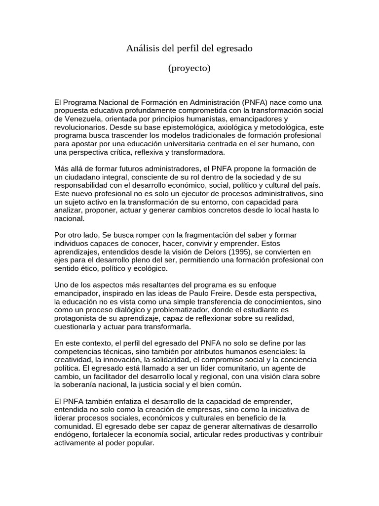 Perfil del Egresado del PNFA en Venezuela | PDF | Educación en artes ...