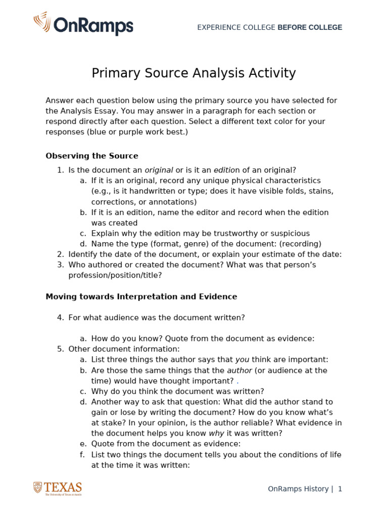 Primary Source Analysis Activity | PDF | Document