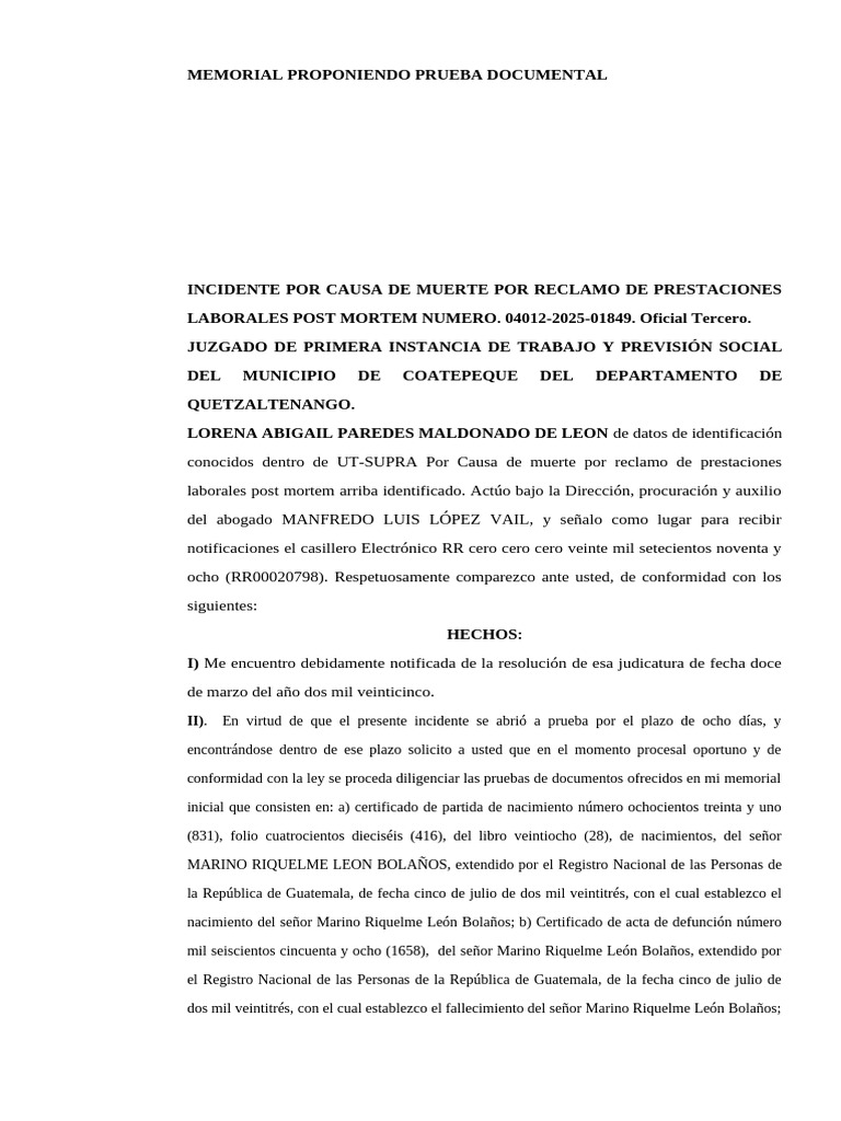 Memorial Proniendo Prueba Documental | PDF | Guatemala | Ley procesal
