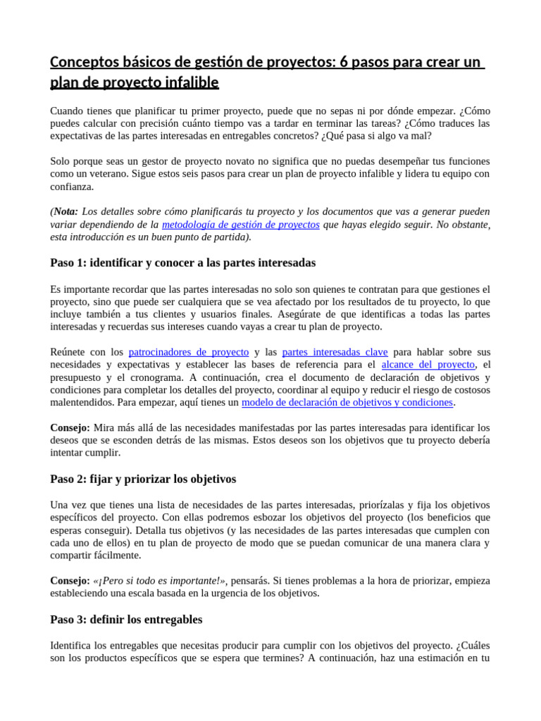 6 Pasos para un Plan de Proyecto Exitoso | PDF | Gestión de proyectos ...