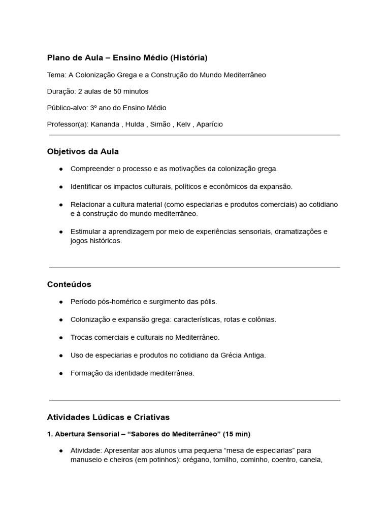 Plano de Aula %E2%80%93 Ensino Me%CC%81dio (Histo%CC%81ria).PDF | PDF ...