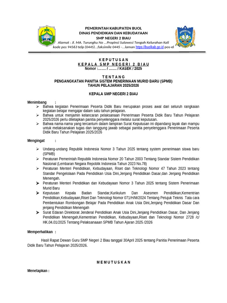 SK Panitia SPMB SMP 2025/2026 | PDF