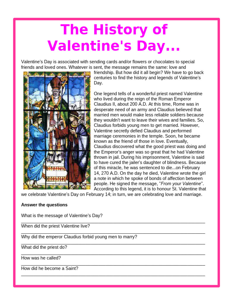 Valentines Day History Oneonone Activities Reading Comprehension ...