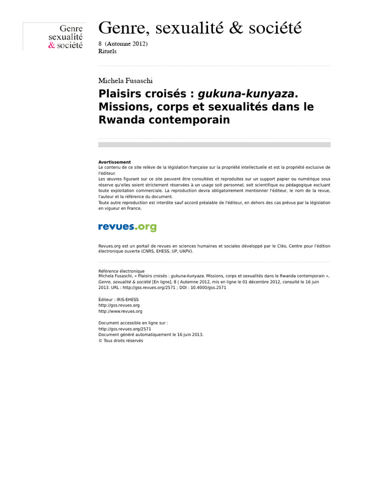 Gukuna-Kunyaza : Sexualités au Rwanda | PDF | Rapport sexuel | Hutus