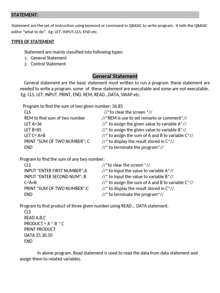 QBASIC-Statement-for-Class-8 | PDF | Control Flow | Computer Engineering