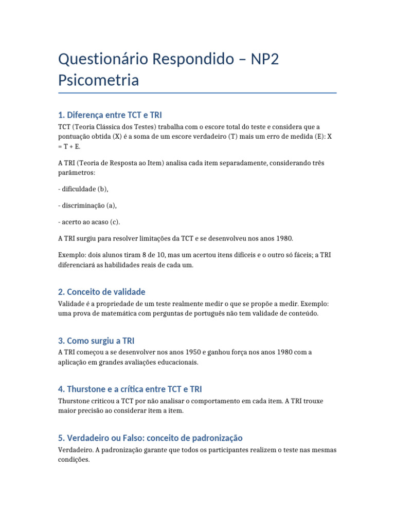 TCT vs TRI: Fundamentos da Psicometria | PDF | Psicologia | Testes ...