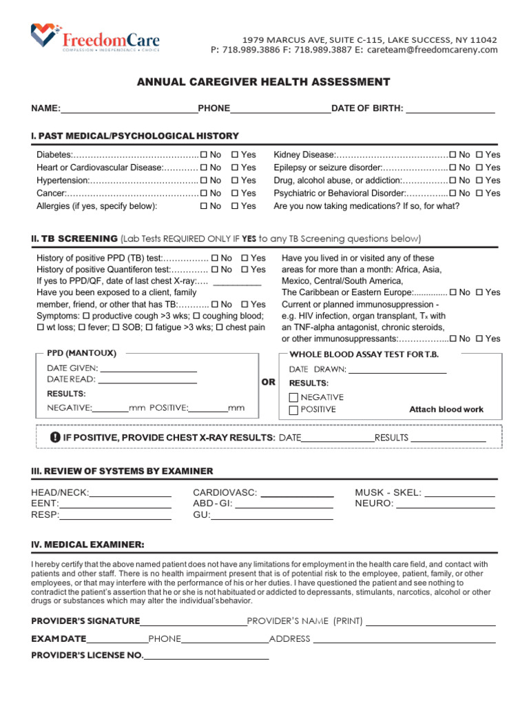 Annual Caregiver Health Assessment | PDF | Tuberculosis | Health Sciences