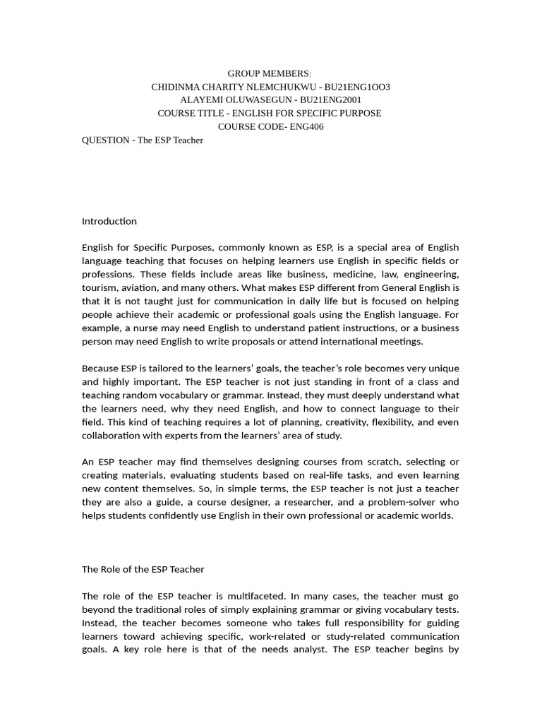 Understanding the ESP Teacher Role | PDF | Teachers | Learning