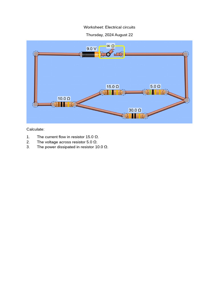 Electrical Circuits Calculation Worksheet | PDF