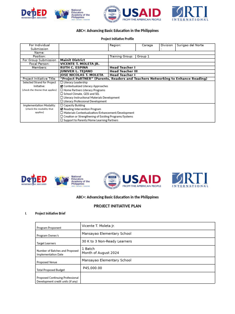 Project Initiative Plan Template | PDF | Literacy | Teachers