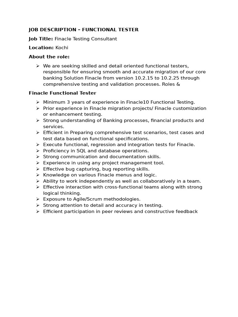 JD For Finacle Consultant | PDF