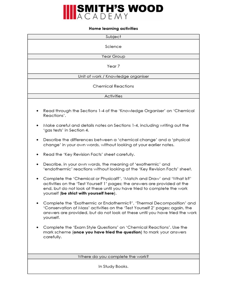 Year 7 Home Learning: Chemical Reactions | PDF | Oxide | Chemical Reactions