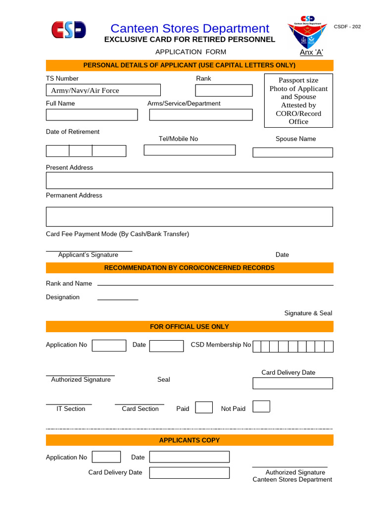 CSD Card Application for Retired Personnel | PDF