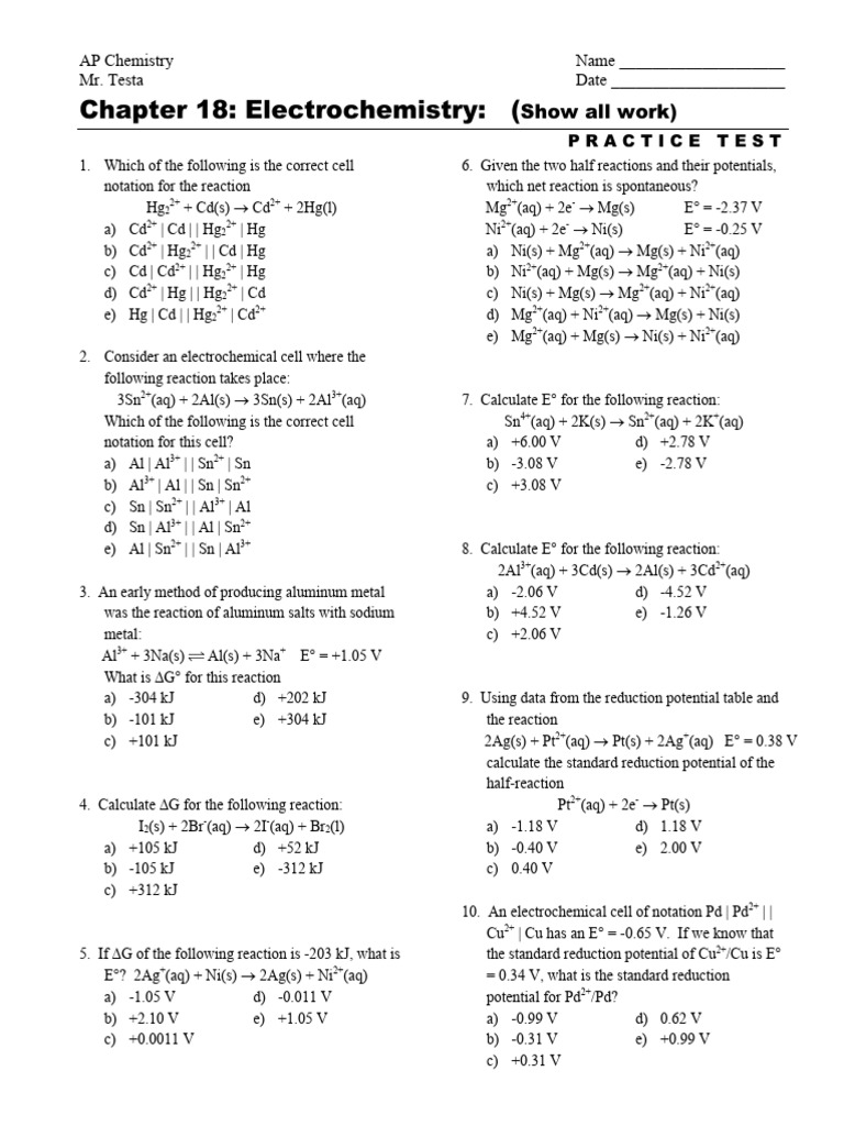 Ch 18 Practice Test Pdf Pdf Redox Materials