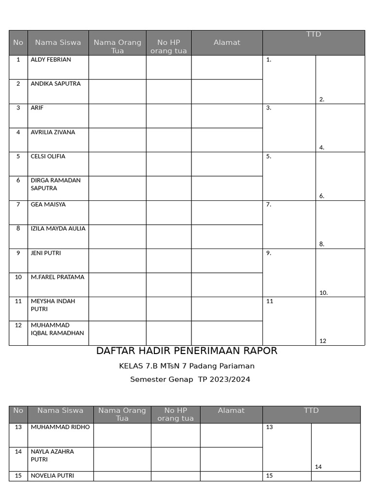 Daftar Hadir Penerimaan Rapor Kelas 7.B | PDF