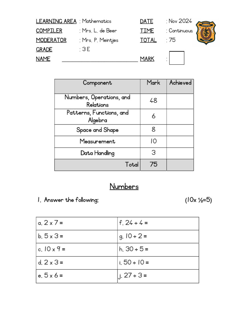 Grade 3 November Maths Exam Paper | PDF | Numbers | Mathematics