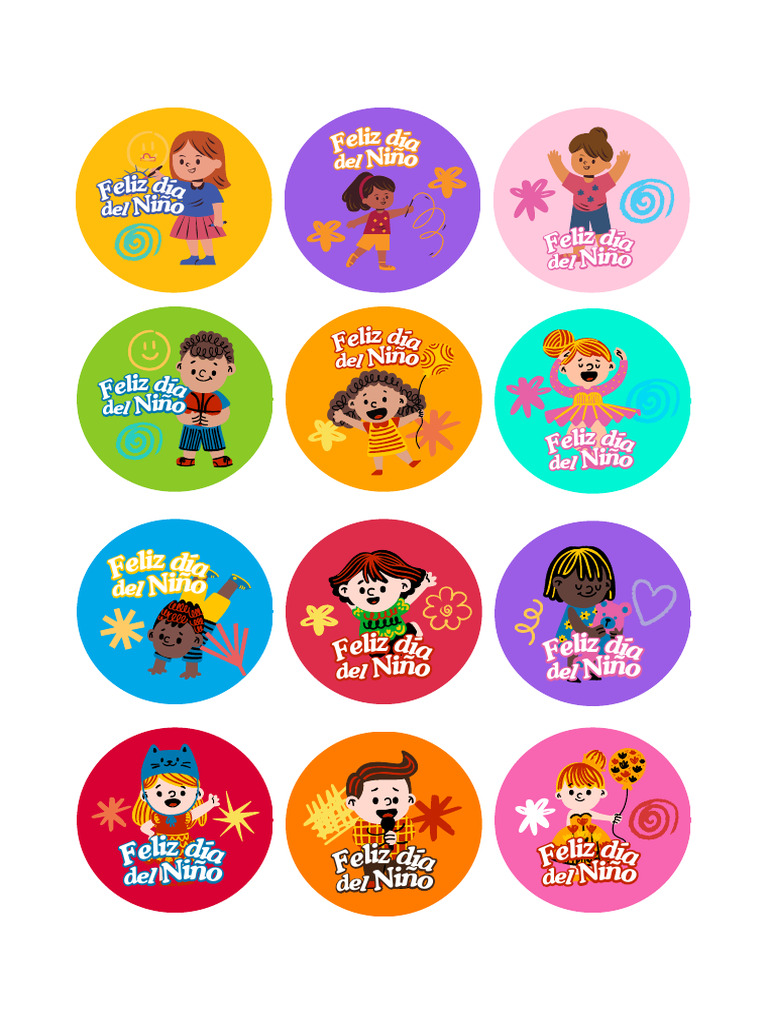 Documento A4 Stickers para El Dia Del Niño Ilustrado Amarillo Morado y ...