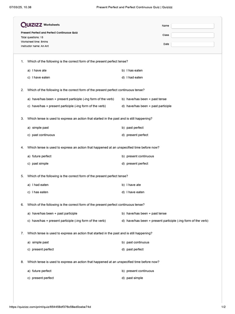 Present Perfect and Perfect Continuous Quiz - Quizizz | PDF ...