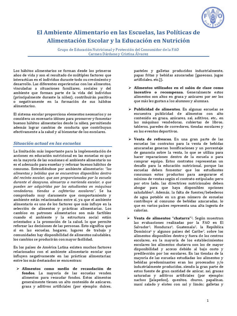 Educación Nutricional y Ambiente Escolar | PDF | Alimentos | Nutrición