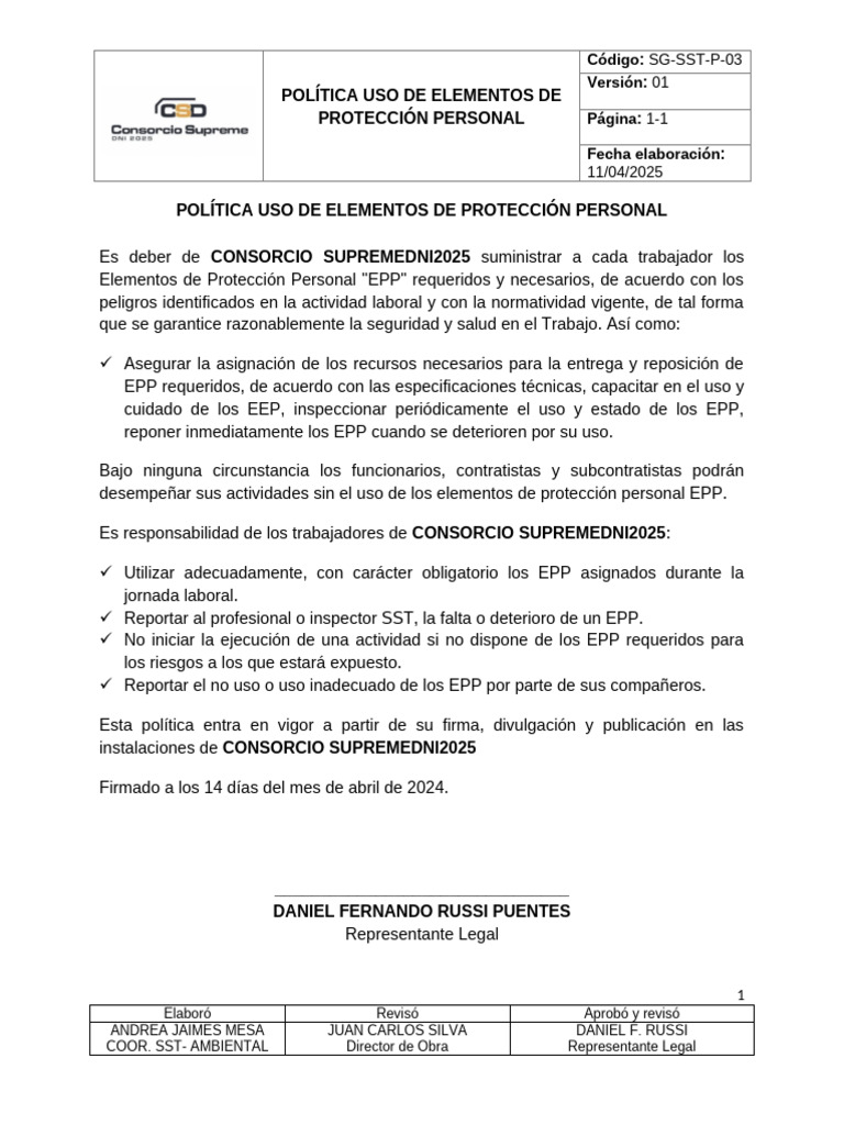 PolÃ - Tica Uso de EPP | PDF