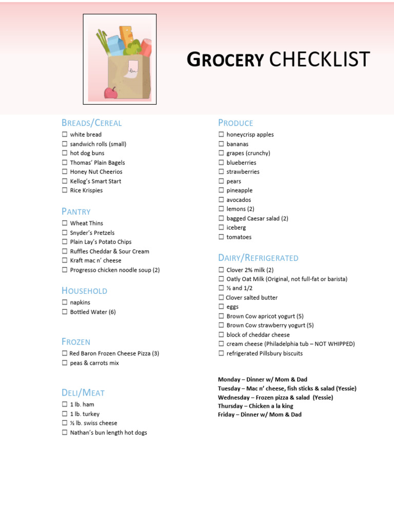 Grocery Checklist for Weekly Meals | PDF