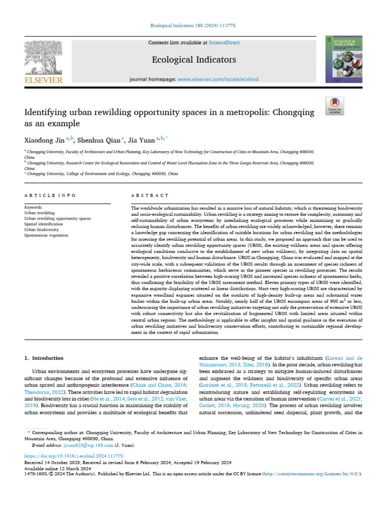 Identifying Urban Rewilding Opportunity Spaces: Chongqing As An Example ...