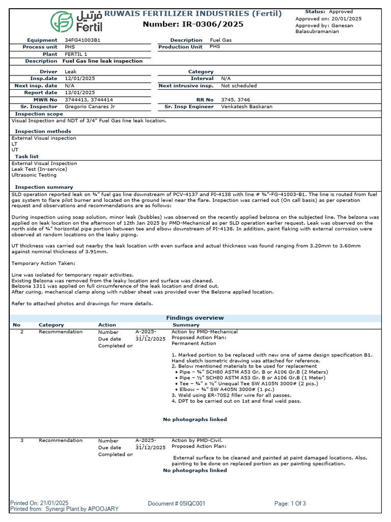 Fuel Gas Line Leak Inspection Report | PDF | Pipe (Fluid Conveyance ...