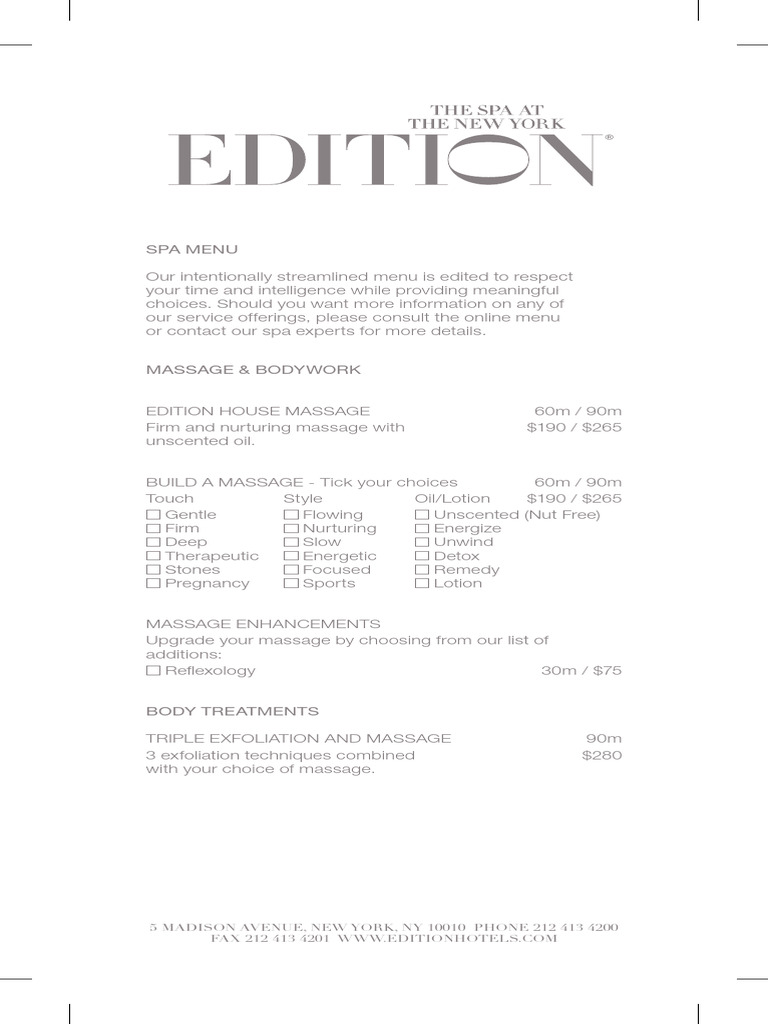 Standard Spa Menu Overview | PDF