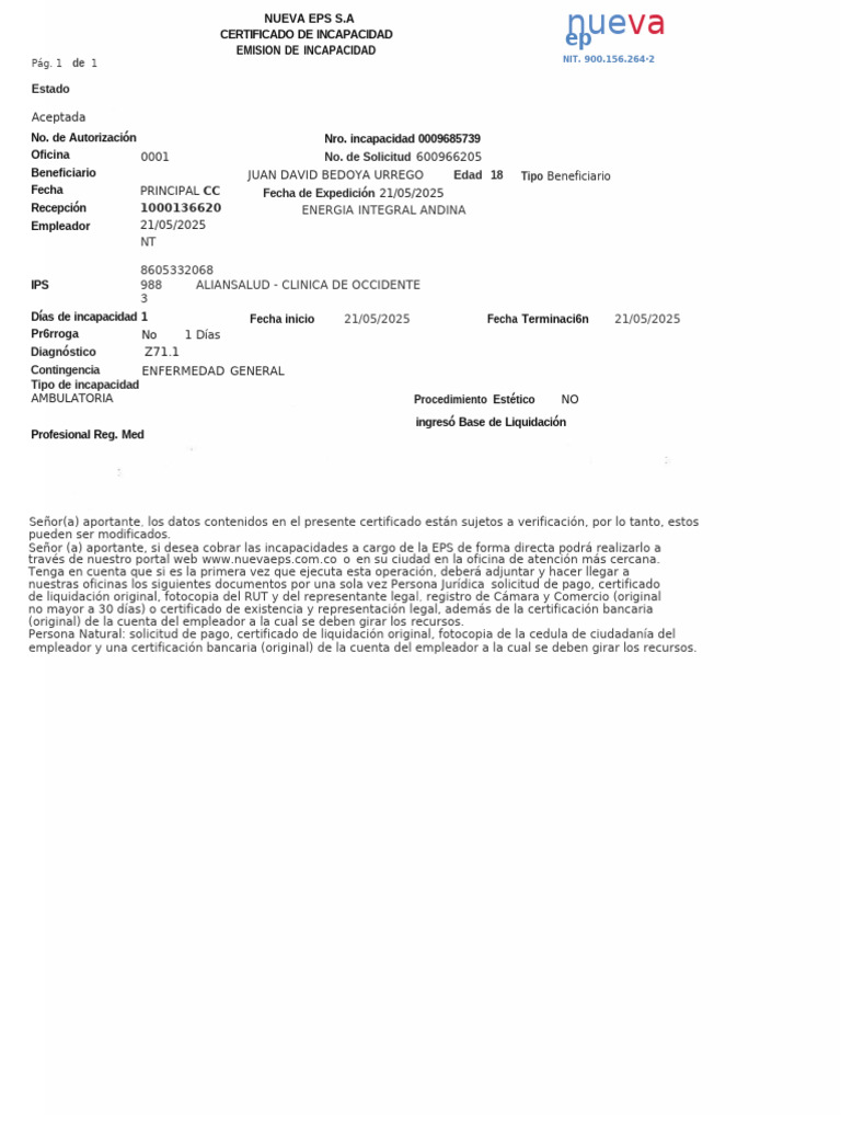 Certificado de Incapacidad Nueva EPS | PDF