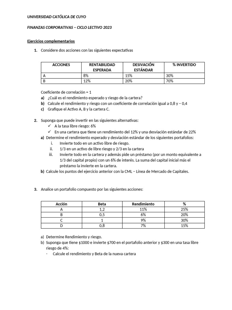 Ejercicios de Finanzas Corporativas 2023 | PDF | Compartir (Finanzas ...