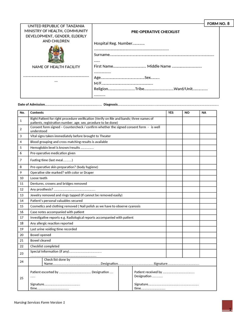 Pre-Operative Nursing Checklist | PDF | Clinical Medicine | Health Care