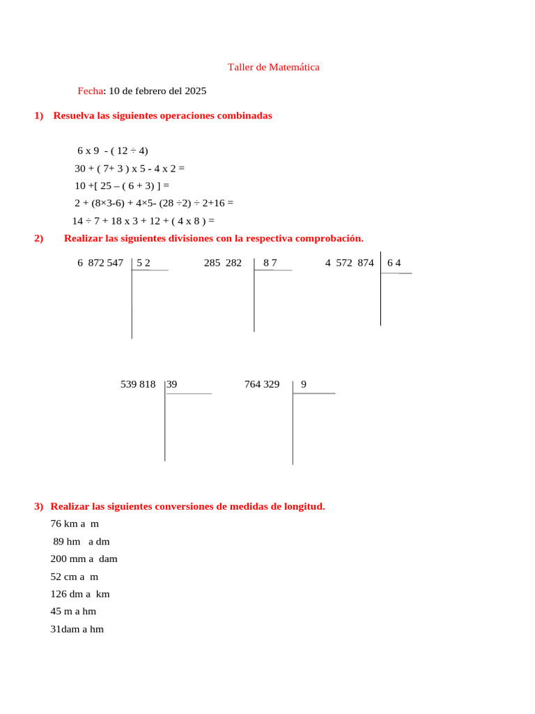 Taller de Matemáticas: Operaciones y Conversiones | PDF