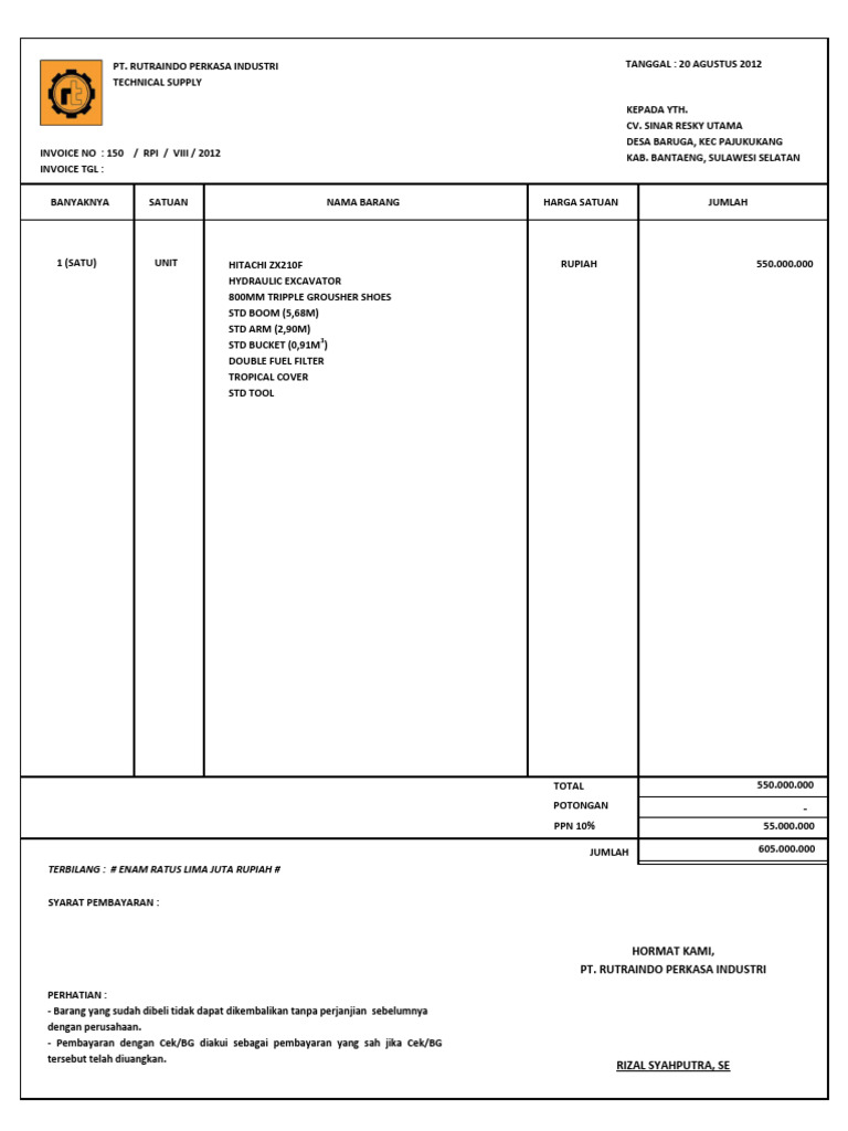 Invoice Pembelian Excavator Hitachi | PDF